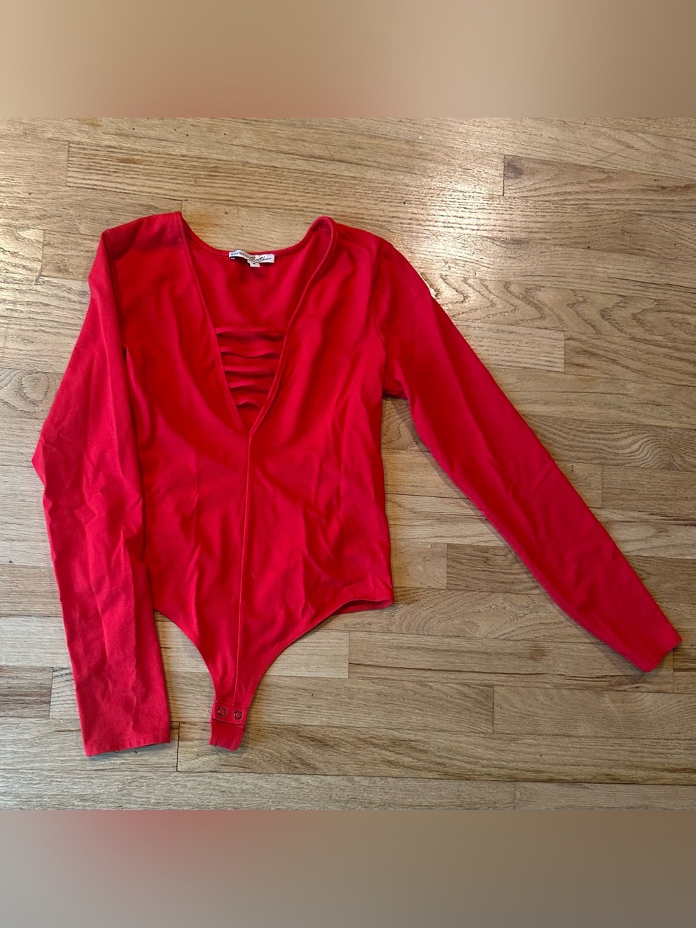 Express One Eleven Red Long-Sleeve Bodysuit with Deep V-Neck Ladder Detail (M)